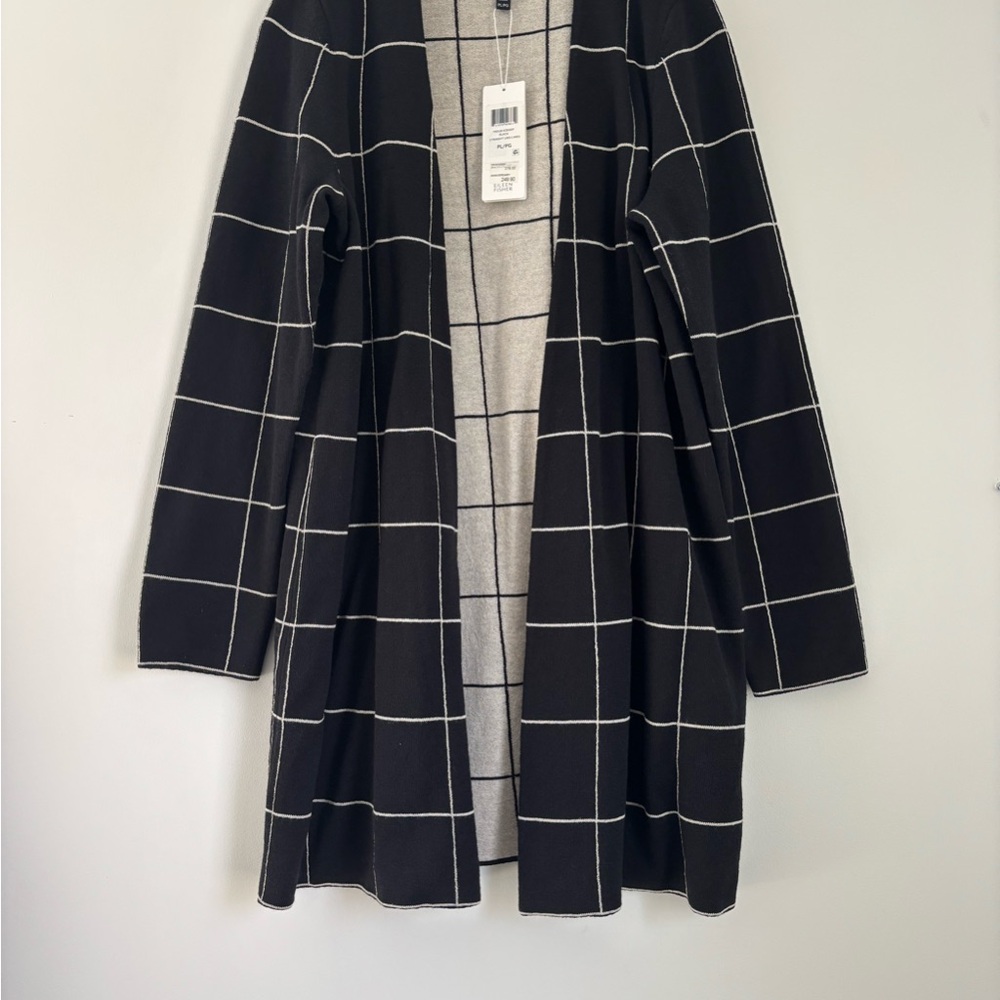 Eileen Fisher Plaid Windowpane Open Cardigan 100% Wool LP